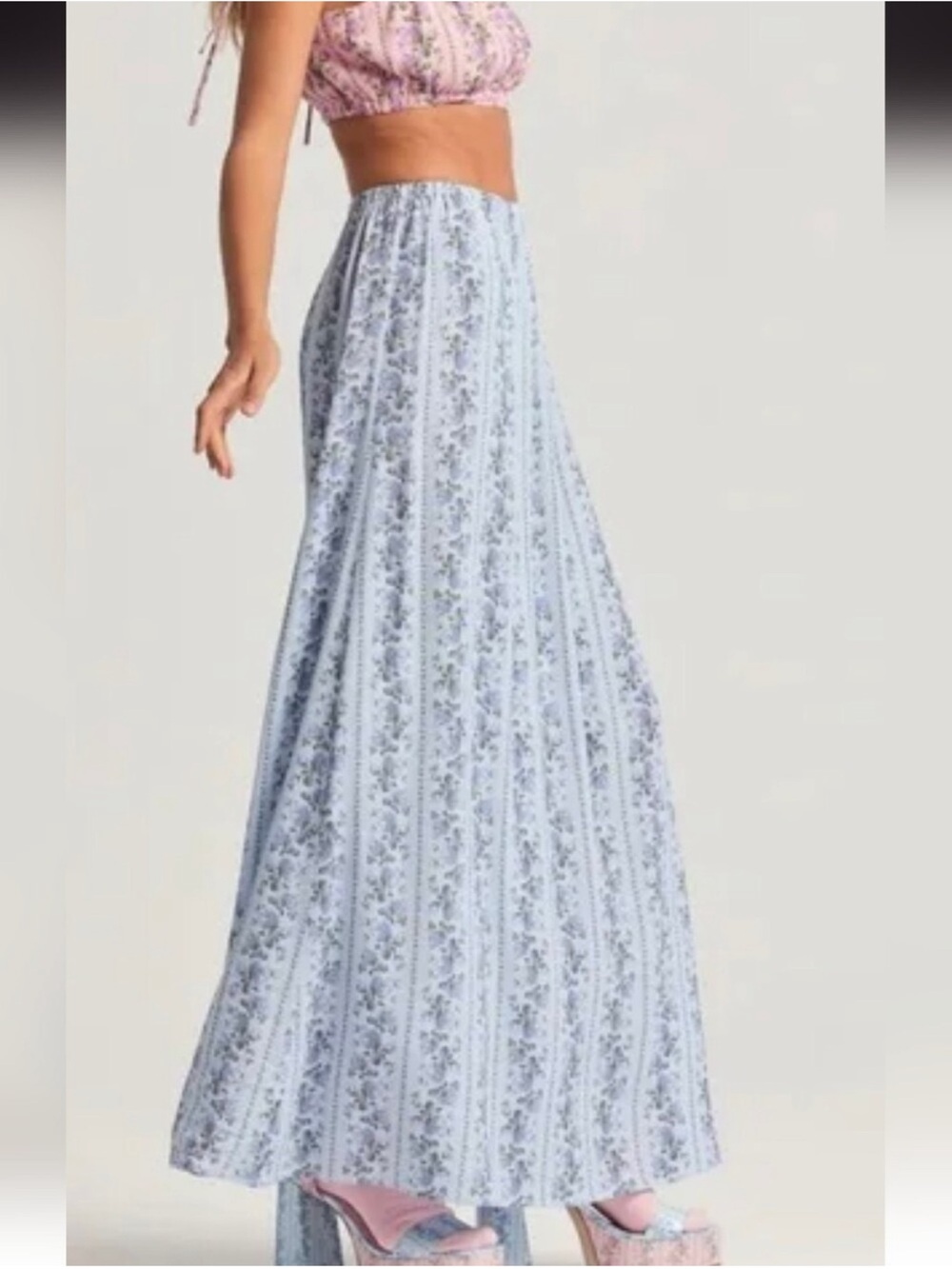 LoveShackFancy Light Blue Floral Stripe Maxi Skirt